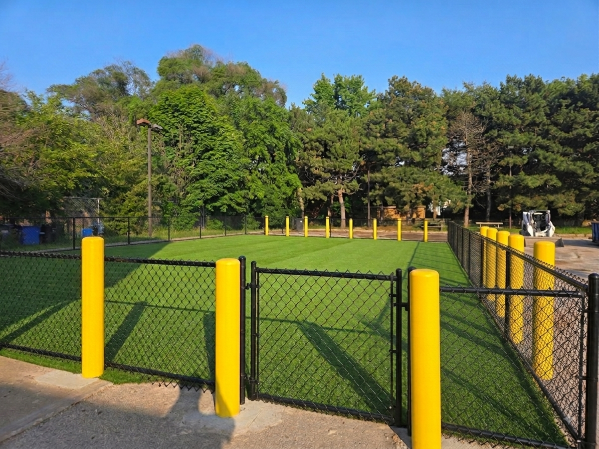 Concept rendering of the planned First Pact Academy fenced outdoor play area with artificial turf and protective perimeter bollards.