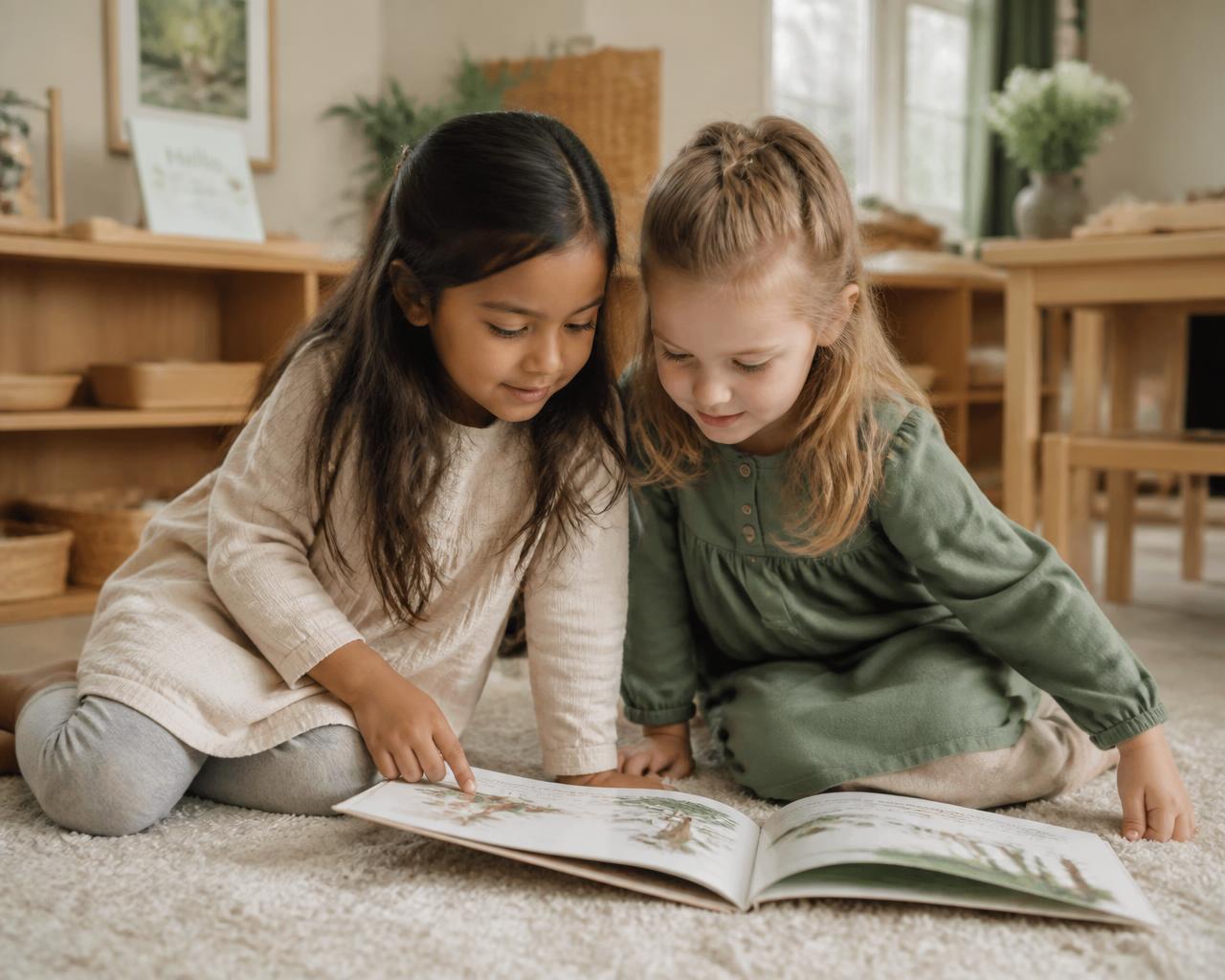 Two young children sharing a book together in an early-learning environment.