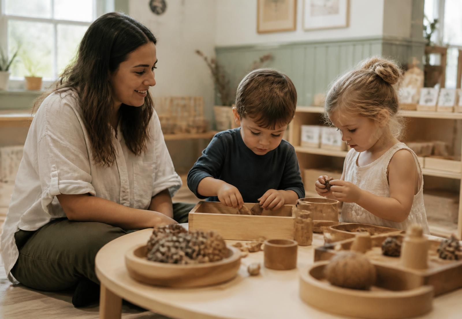 Educator seated at children's level while two young children explore natural wooden materials.