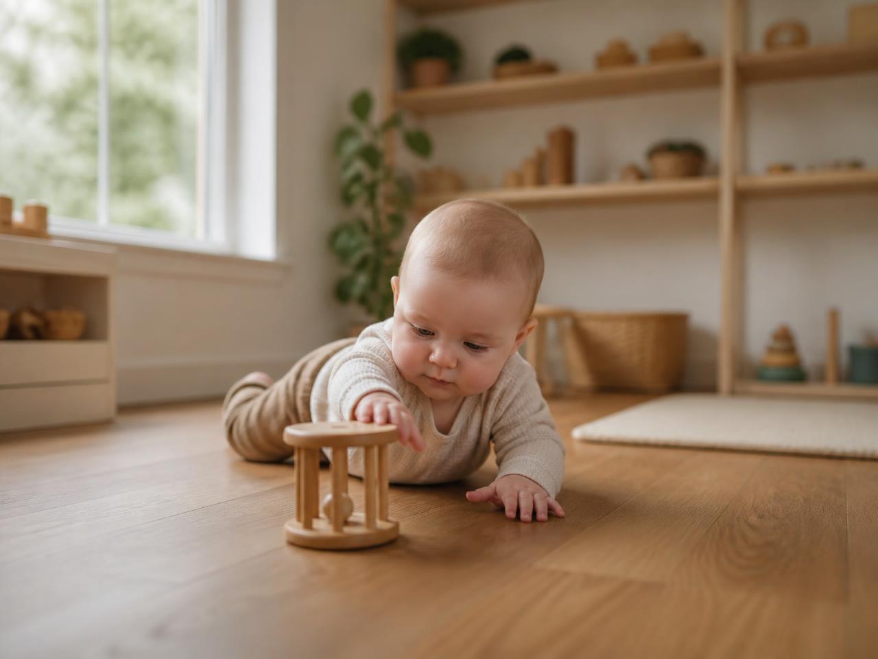 Infant exploring sensory materials in a calm early-learning environment.