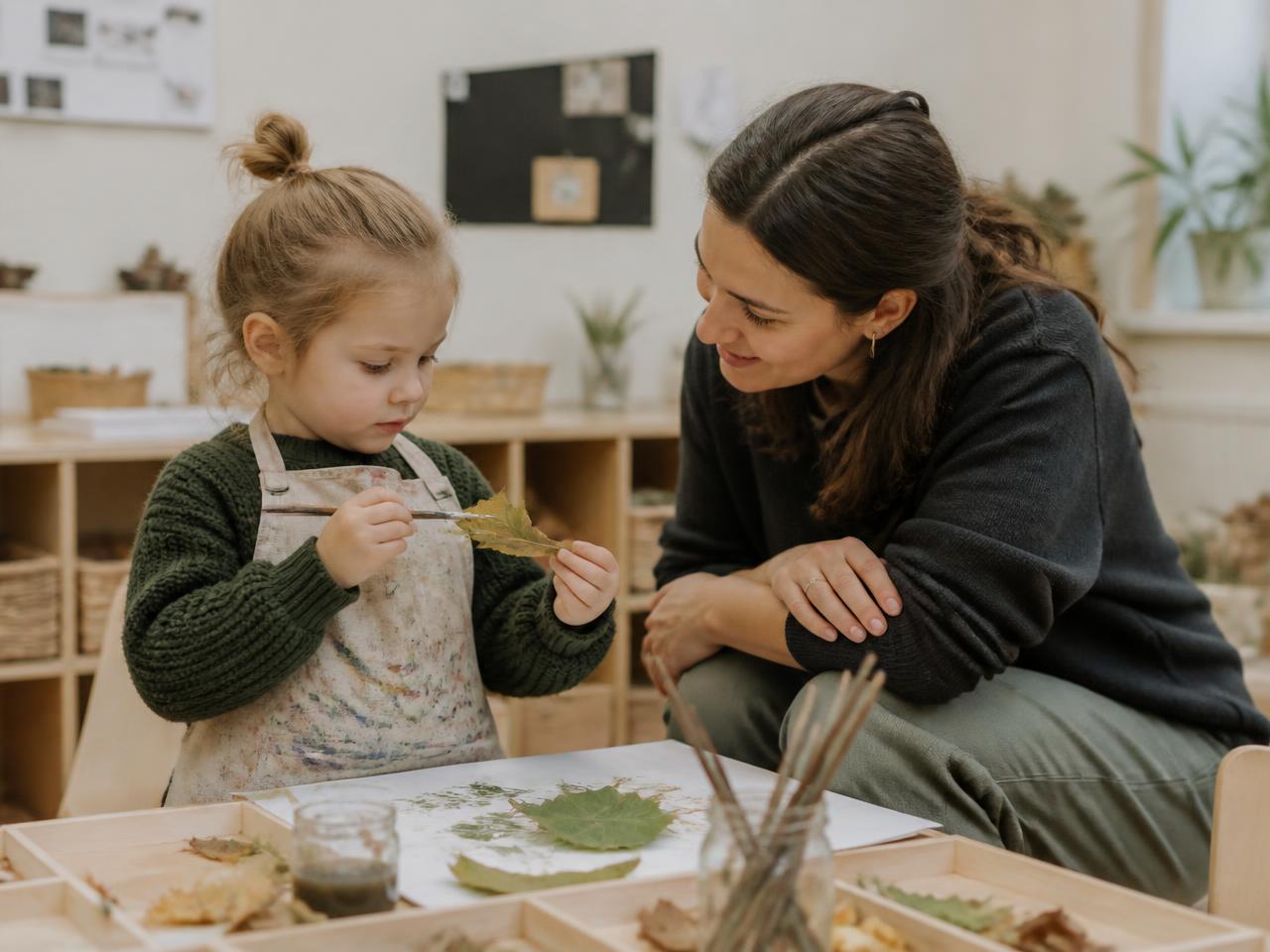 Preschool child exploring materials alongside an educator.