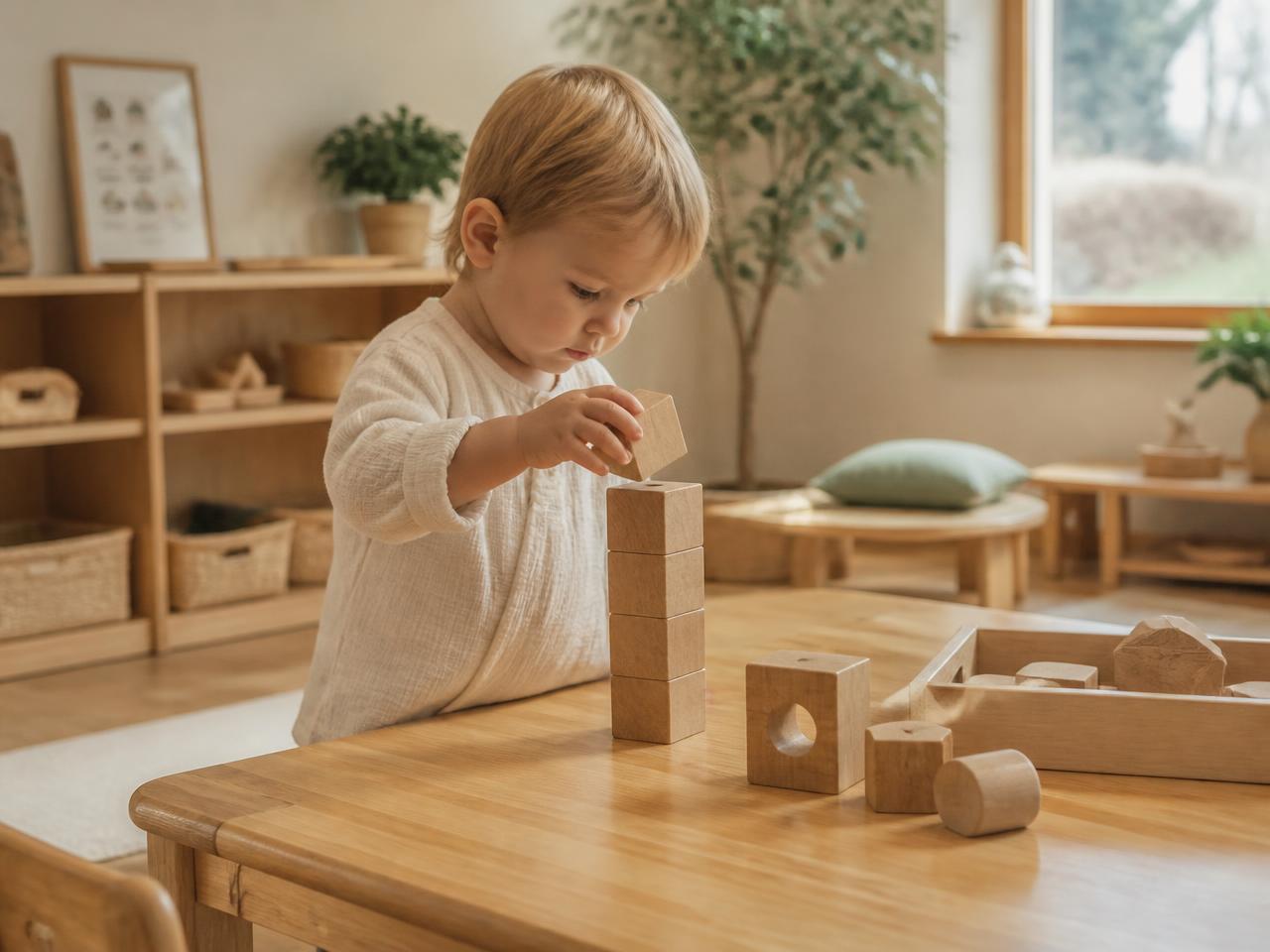 Toddler exploring wooden materials through hands-on play.